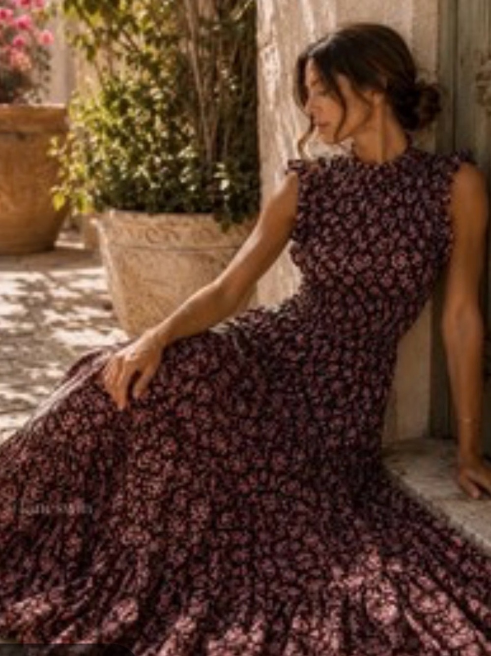 Caroline Constas Burgundy Floral Smocked Maxi Dress